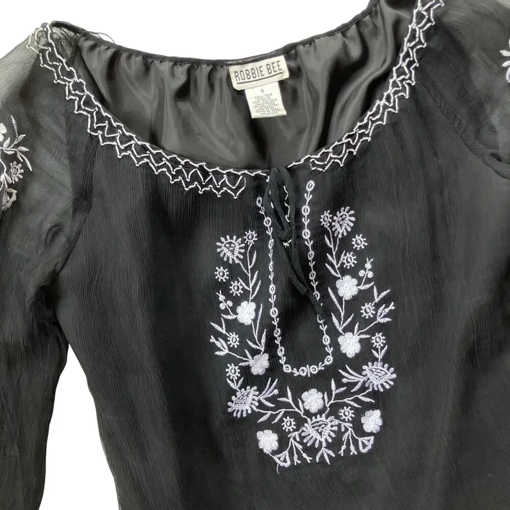 Robbie B Vintage Y2K Silk Boho Embroidered Blouse Size 8 Whimsygoth Black White